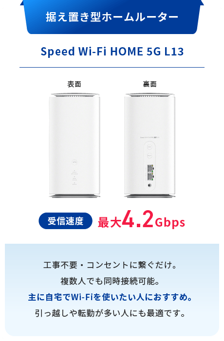 据え置き型ホームルーター Speed Wi-Fi HOME 5G L13 受信速度最大4.2Gbps